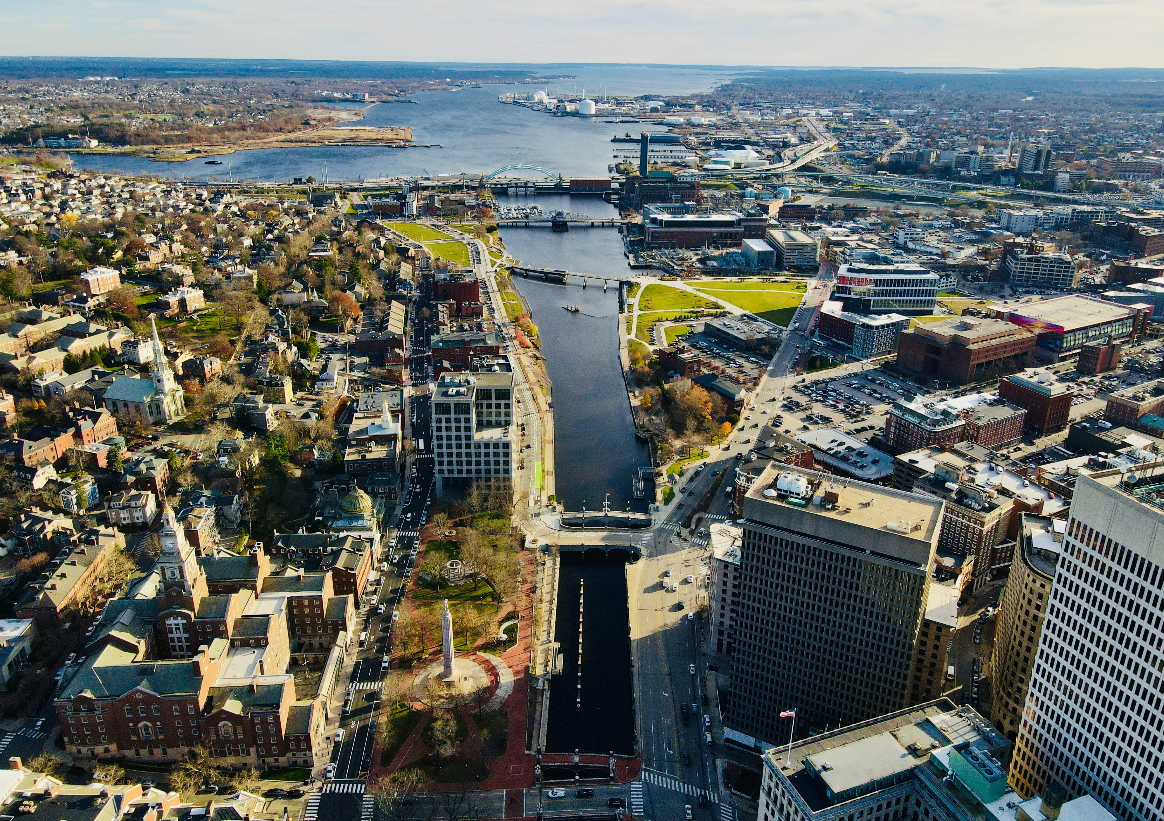 Aerial view of Boston, Massachusetts, with a focus on the city's